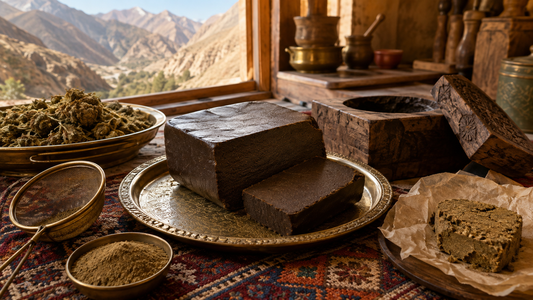 Dark Afghan THCX hash displayed with traditional sieving and pressing tools inside a sunlit mountain workshop.