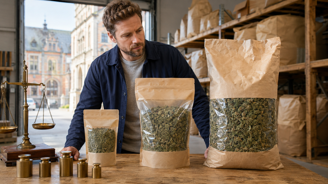 European hemp buyer comparing small, medium, and large packages of CBD shake beside an unmarked brass balance in a wholesale warehouse.