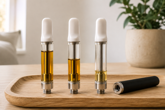 “Three identical full-size cartridges with full, half-full, and nearly empty amber-oil reservoirs standing beside a disconnected black battery.”