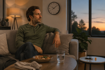 Adult relaxing at home beside a clock, water, meal, vape pen, and gummy as daylight fades, representing HHCP duration and influencing factors.
