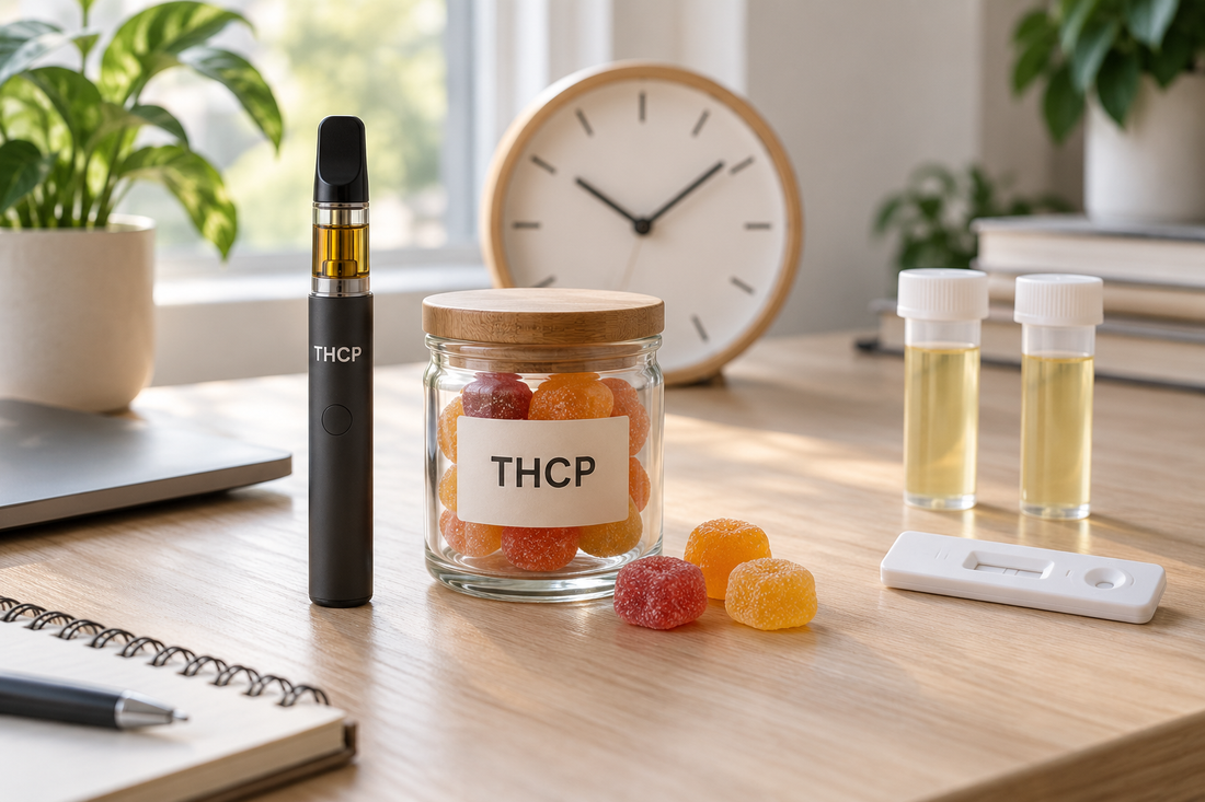 THCP vape and THCP gummy jar arranged beside an unnumbered clock, blank testing device, and specimen tubes on a naturally lit home workspace.