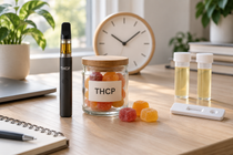 THCP vape and THCP gummy jar arranged beside an unnumbered clock, blank testing device, and specimen tubes on a naturally lit home workspace.
