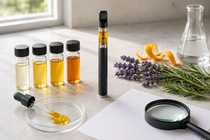 THCX vape displayed with cannabinoid samples, golden distillate, aromatic terpenes and laboratory analysis equipment.