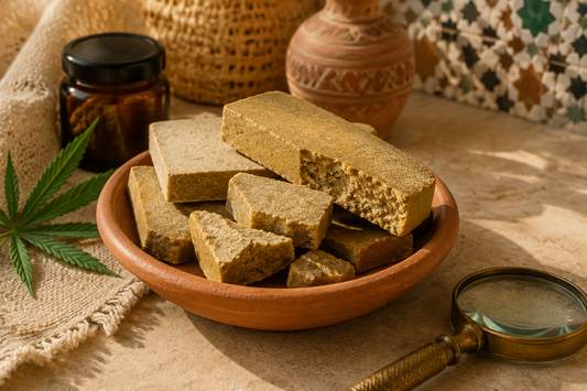 Natural Moroccan Blond THCX hash pieces displayed in a terracotta dish with a hemp leaf, amber storage jar and magnifying glass in a traditional Moroccan setting.