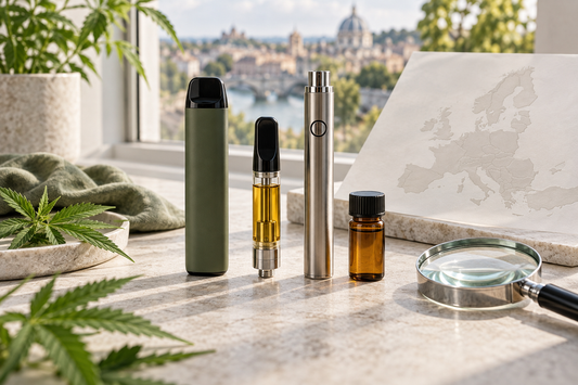 THCP disposable vape, golden oil cartridge, rechargeable battery and quality-testing vial displayed beside a map of Europe and hemp leaves.