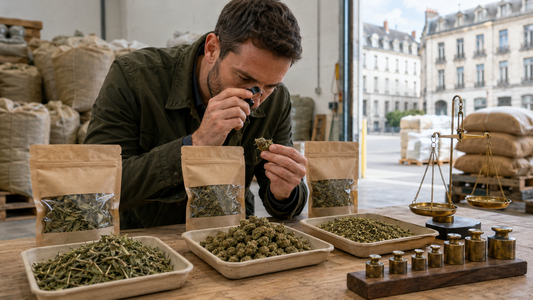 European hemp buyer inspecting CBD trim, small buds, and shake beside unmarked packages, brass weights, and a balance in a wholesale warehouse.