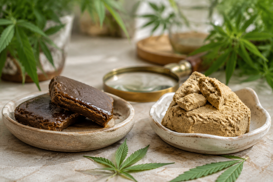 Side-by-side comparison of dark, dense THCX hash and light, crumbly CBD hash in ceramic dishes with hemp leaves and a magnifying glass.