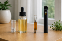 THCX e-liquid bottle, refillable reservoir, prefilled cartridge and disposable vape displayed side by side for comparison.