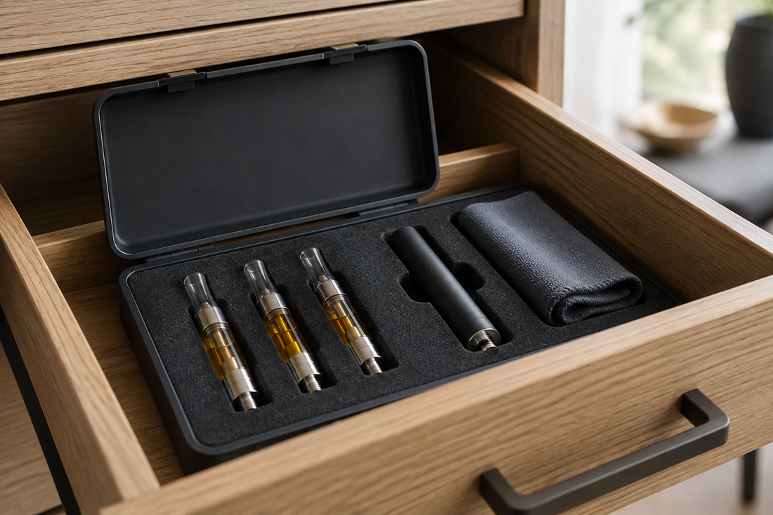 “Three amber-oil 510 cartridges stored upright in fitted foam slots beside a disconnected battery and folded microfiber cloth inside a shaded wooden drawer.”