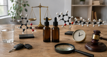 Two amber bottles with molecular models, scales, clock, gavel, water, and car keys illustrating the key differences between HHCP and THC.