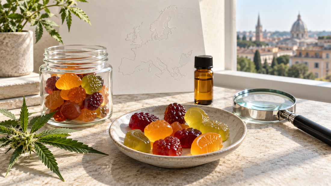 Colourful HHCP gummies in a glass jar and ceramic dish beside a quality-testing vial, magnifying glass and map of Europe.