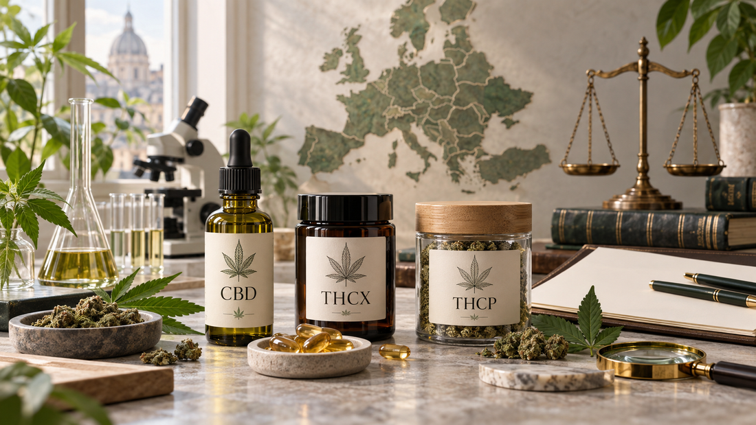 CBD, THCX and THCP products displayed with a European map, laboratory equipment, legal scales and consumer quality-checking materials.