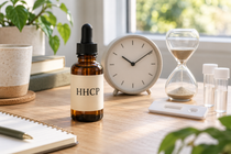 Amber HHCP bottle beside an unnumbered clock, hourglass, blank testing device, and specimen tubes on a naturally lit home workspace.