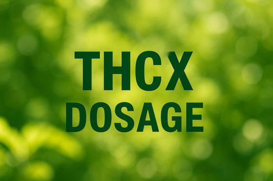 THCX dosage text on green leaves background