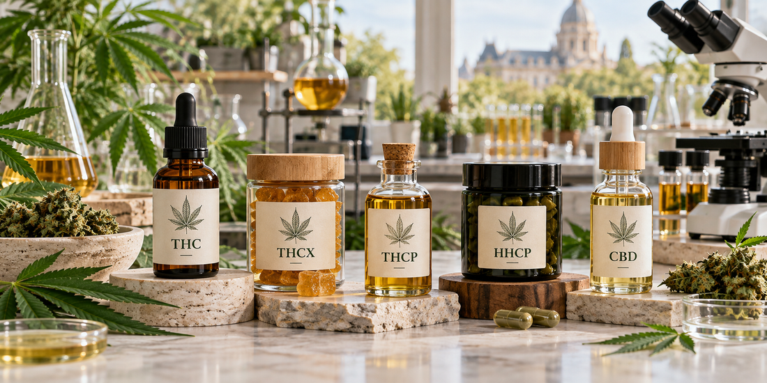 THC, THCX, THCP, HHCP and CBD products displayed with cannabis plants, botanical extracts and scientific equipment in a natural laboratory setting.