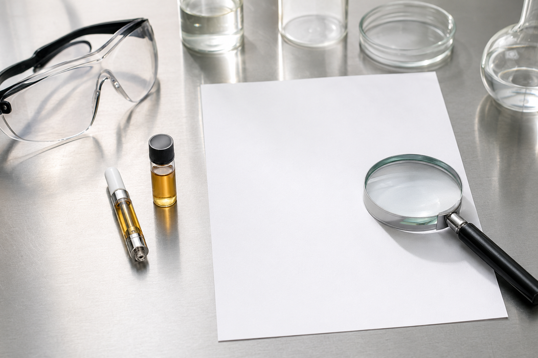 THCX vape cartridge and sample vial beside a blank certificate, magnifying glass and laboratory safety equipment.