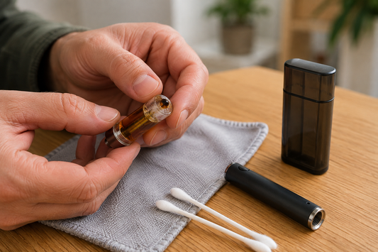 “Adult hands inspecting thick amber residue inside a disconnected 510 cartridge beside cotton swabs, a battery, and a protective case.”
