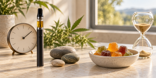 HHCP vape pen and colourful gummies displayed with a clock, hourglass and differently sized stones representing effects, onset and duration.