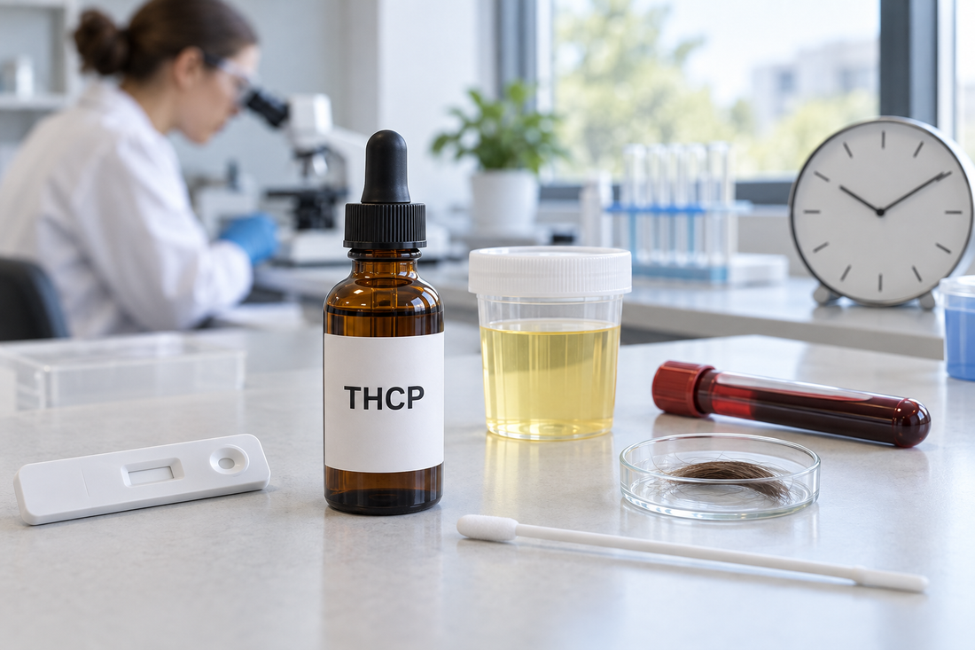 THCP bottle beside a blank test device and urine, blood, saliva, and hair specimens, with an unnumbered clock and researcher in the background.