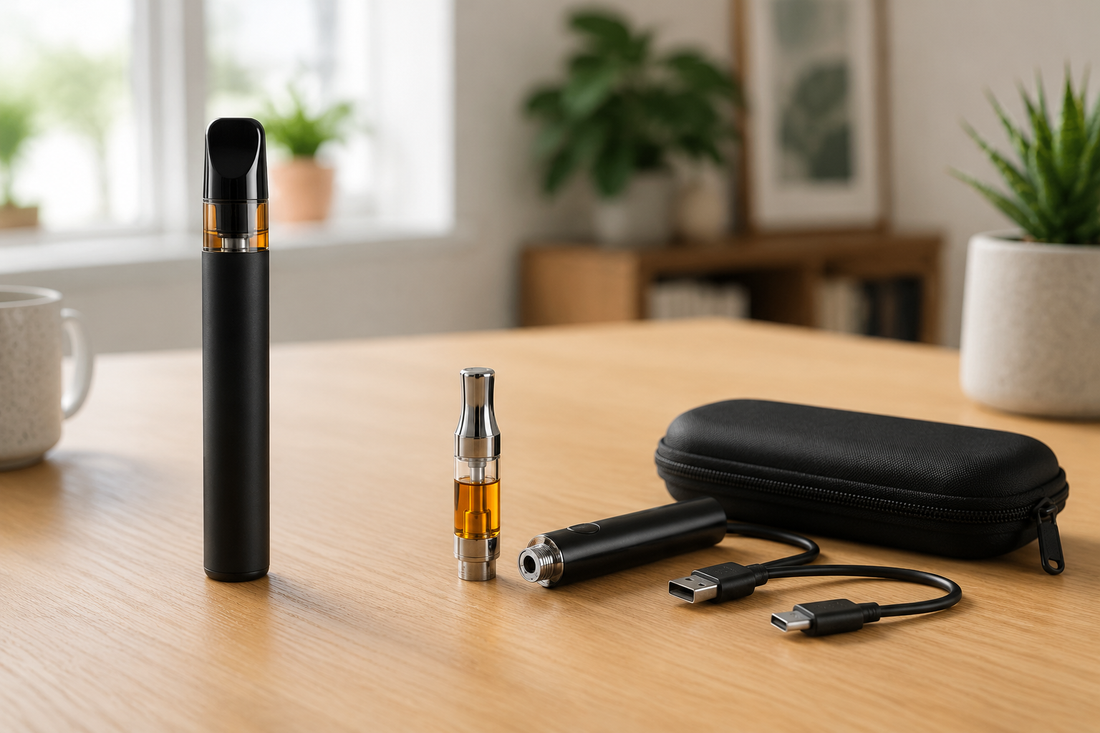 Disposable HHCP vape pen compared with a refillable battery, detachable cartridge, charging cable, and protective case.
