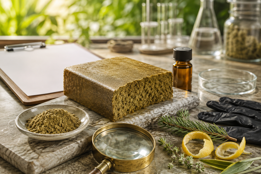 High-quality THCX hash inspected with golden kief, a magnifying glass, blank laboratory document, amber vial, protective gloves and terpene-rich botanicals.