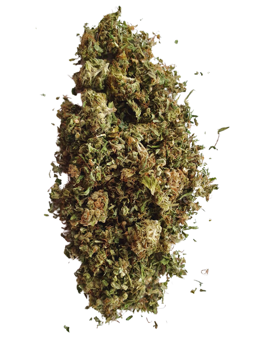 Premium Moroccan CBD trim with dense texture and vibrant aroma.